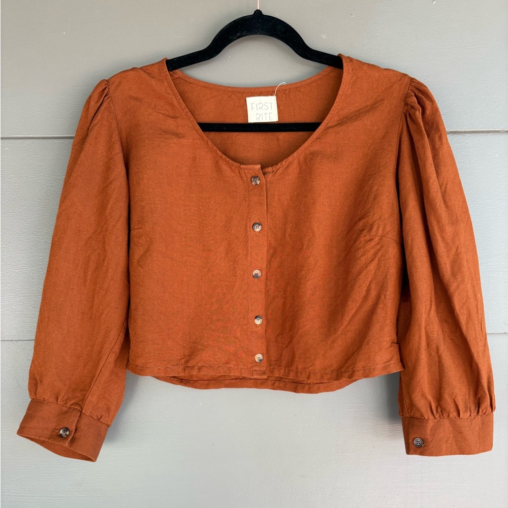 First Rite Burnt Orange Cropped Linen Blend Button Up Top